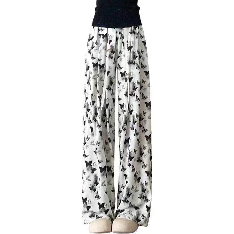 Ink Wash Chinese Style Wide-Leg Pants for Women - Summer Thin High-Waisted Butterfly Casual Straight-Leg Tie-Dye Ice Silk Sun-Protective Trousers