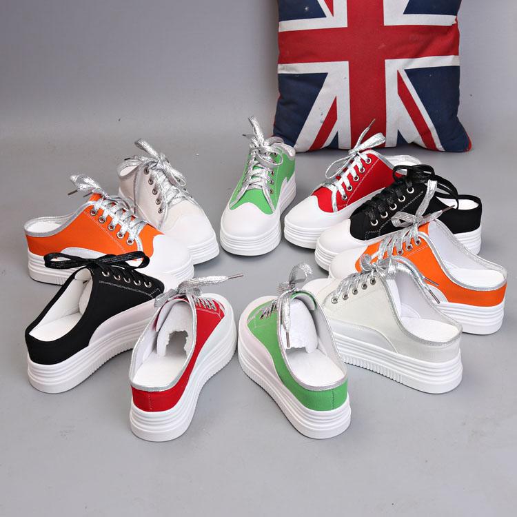 Fashion Thick Sole Platform 7CM Height Increase Women Summer Breathable Mesh Non-Heel Slippers Casual Shoes