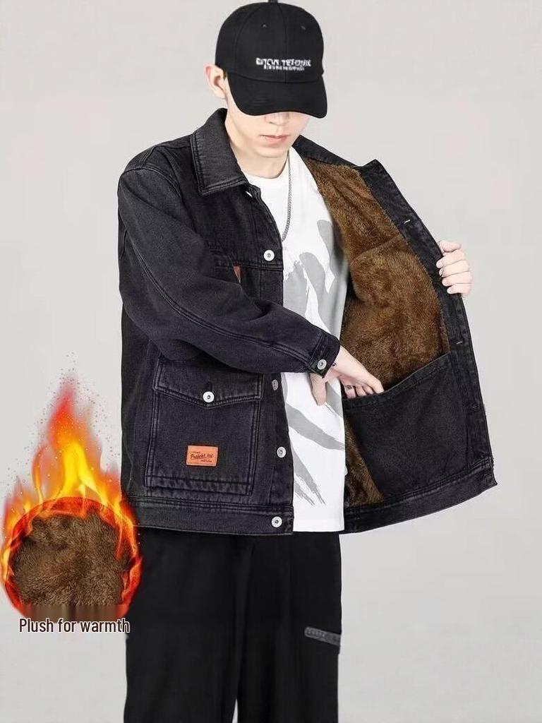 Men's Wear-Resistant Plus Velvet Denim Jacket: Autumn & Winter, Heavyweight, Dirt-Resistant, Loose, Versatile, Casual, American Trend.