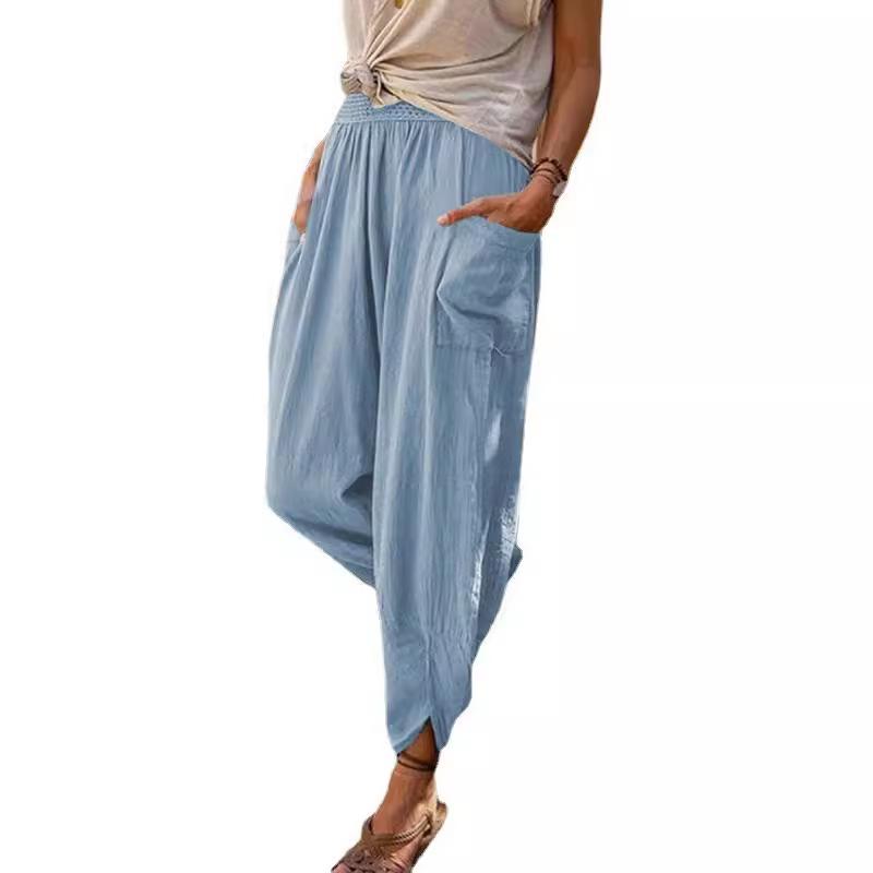 Women Spring Summer Vintage Boho Cotton Linen Beach Pants Female High Waist Solid Loose Pockets Trousers Casual Pantalones