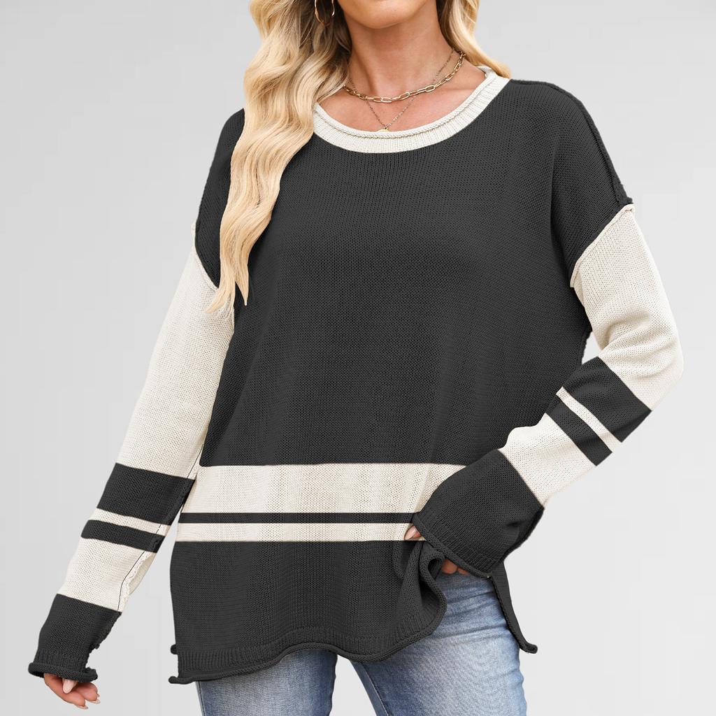 Women's Colorblock Round Neck Loose Casual Pullover Long Sleeve Sweater