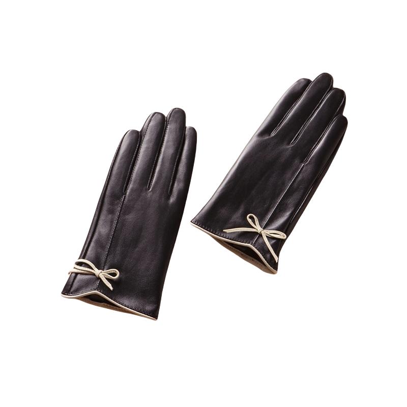 Winter Genuine Sheepskin Leather Gloves Cycling Driving Elegant Women Warm Fleece Touchscreen Bow High Quality Mittens