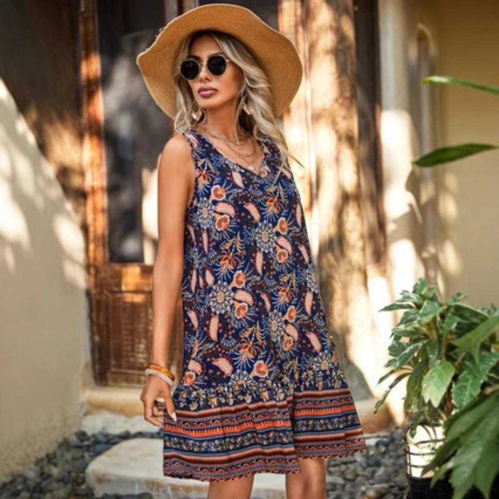 Boho Summer Sleeveless Printed Beach Dress for Women, Elegant Casual Vacation Dress for European American Markets