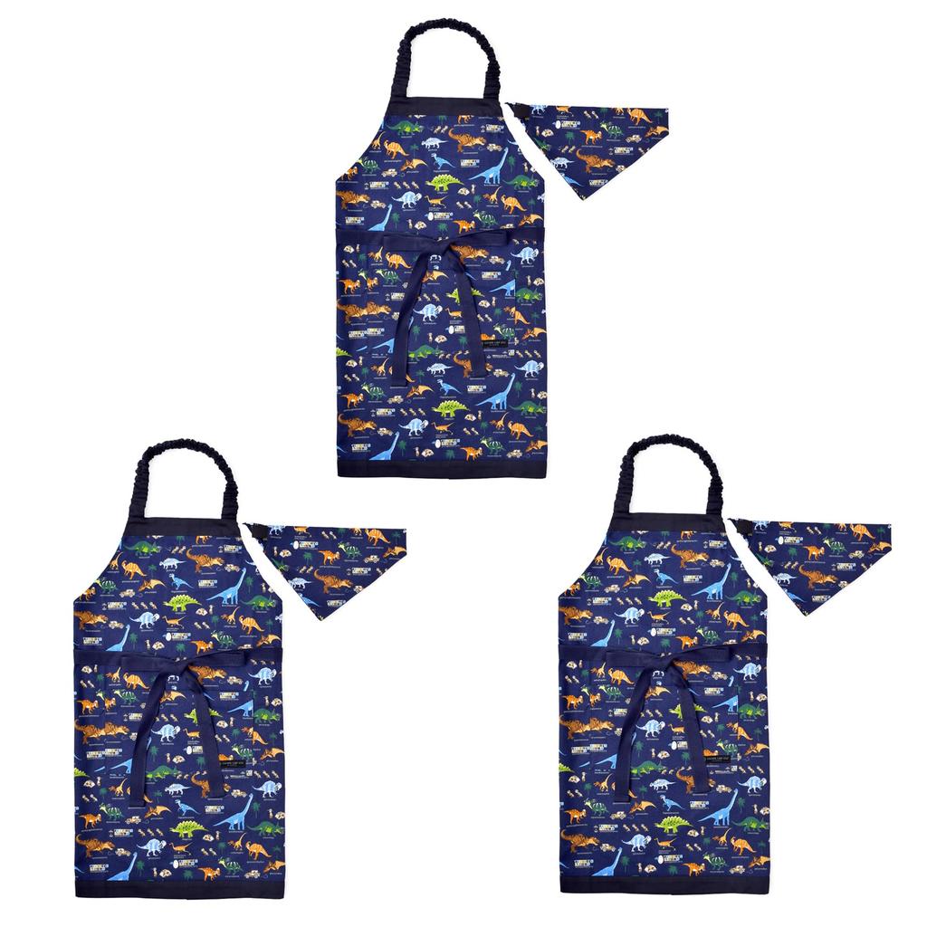 COLORFUL CANDY STYLE Kids Apron Dinosaur Continent Set of 3 Boys Cool Kids Apron Bandana Set Elastic Kids Apron Stylish Toddler Elementary School Cute