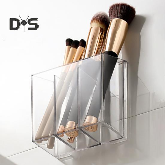 Make-up-Pinselhalter, transparente Aufbewahrungsbox zur Wandmontage mit Klebehaken, unterteilter Kosmetik-Organizer für Badezimmer und Schlafzimmer