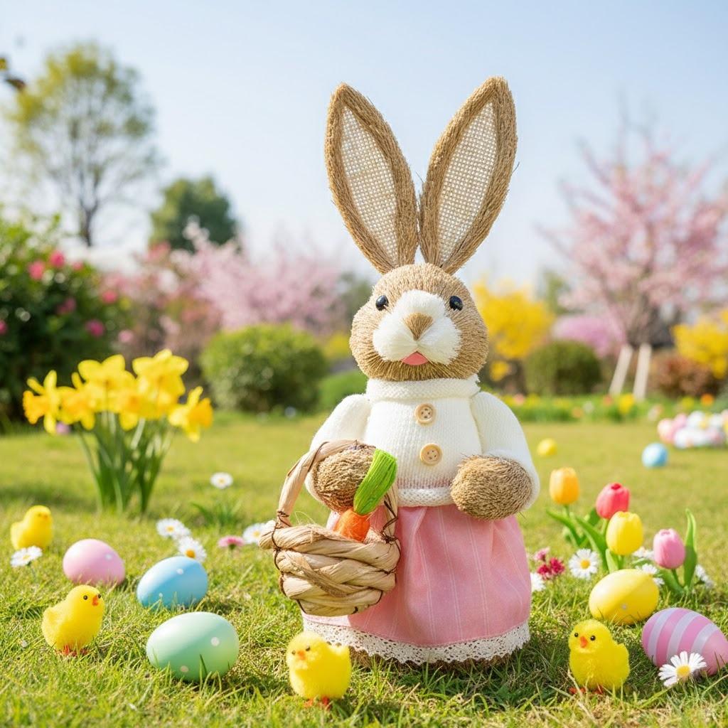 Easter Bunny on Swing Handmade Woven Grass Rabbit Creative Figurine Home Decor Hanging Ornament Forest Theme Gift Souvenir