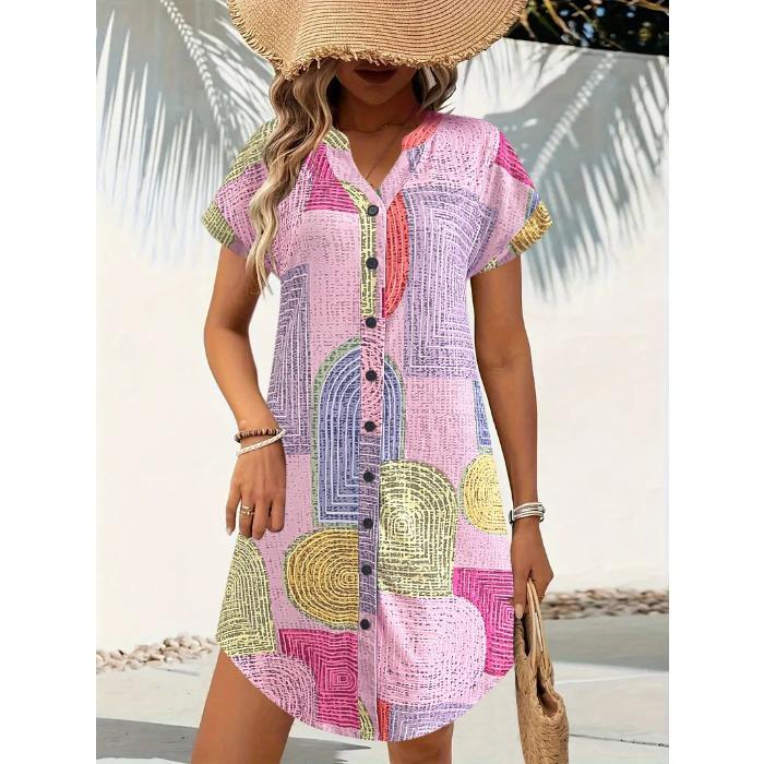 Modisches, locker geschnittenes Kleid mit geometrischem Muster, V-Ausschnitt und Knopfleiste – ein lässiges Damenkleid