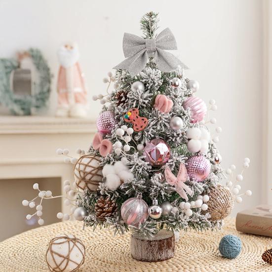 Mini Christmas Tree with LED Light Pre-lit Small Artificial Snow Flocked Tree with Ball Ornaments for Xmas Tabletop Indoor Holiday Decor