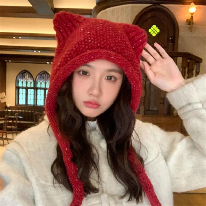 Winter new women's ear protectors headgear warm lace-up Lei Feng hat student solid color simple knitted hat