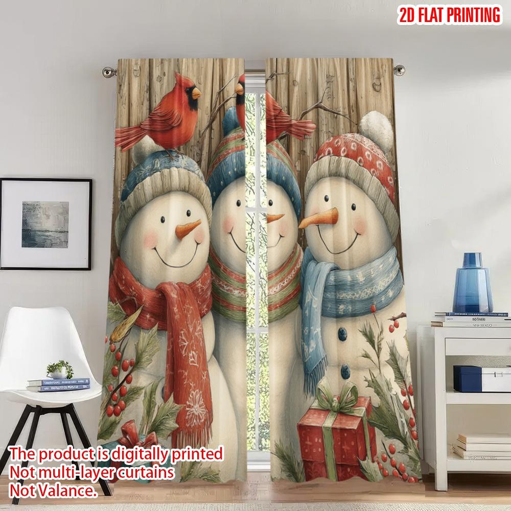 

Set Of 2 Flat Printing Merry Christmas Trendy Curtains Snowmen Cardinals Gifts Digital Printed Polyester Drapes Festive Made W100*H70(CM)-Rod Pocket&1PCS