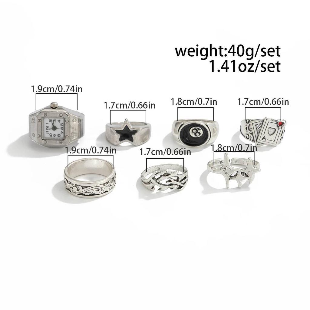 KunJoe 7Pcs/Set Punk Style Poker Watch Rings for Men Hip Hop Irregular Geometry Stars Knuckle Ring Street Jewelry Accessories
