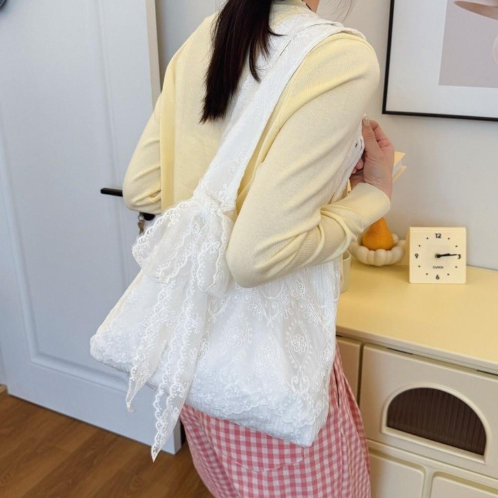 Sweet Embroidery Lace Shoulder Bag Tote Bag With Ribb Canvas Handbag Cloth Korean Style Large Capacity Bag Travel