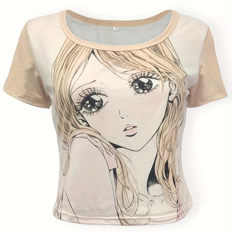 European and American Color Contrast Round Neck Anime Printing Slim Hot Girl T-shirt