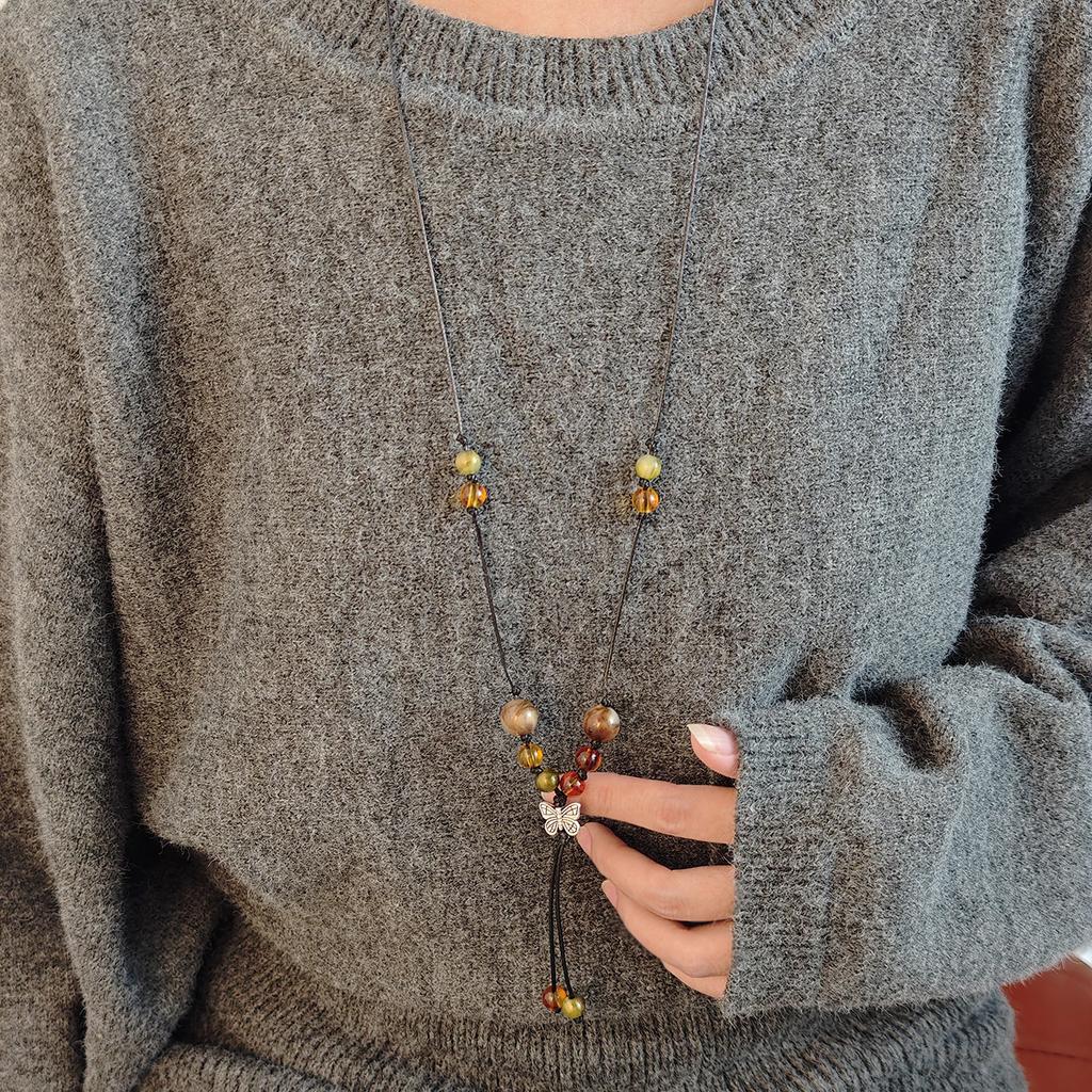 Butterfly Fringed Beaded Long Braided Rope Necklace, Retro Bohemian Temperament Sweater Chain For Women