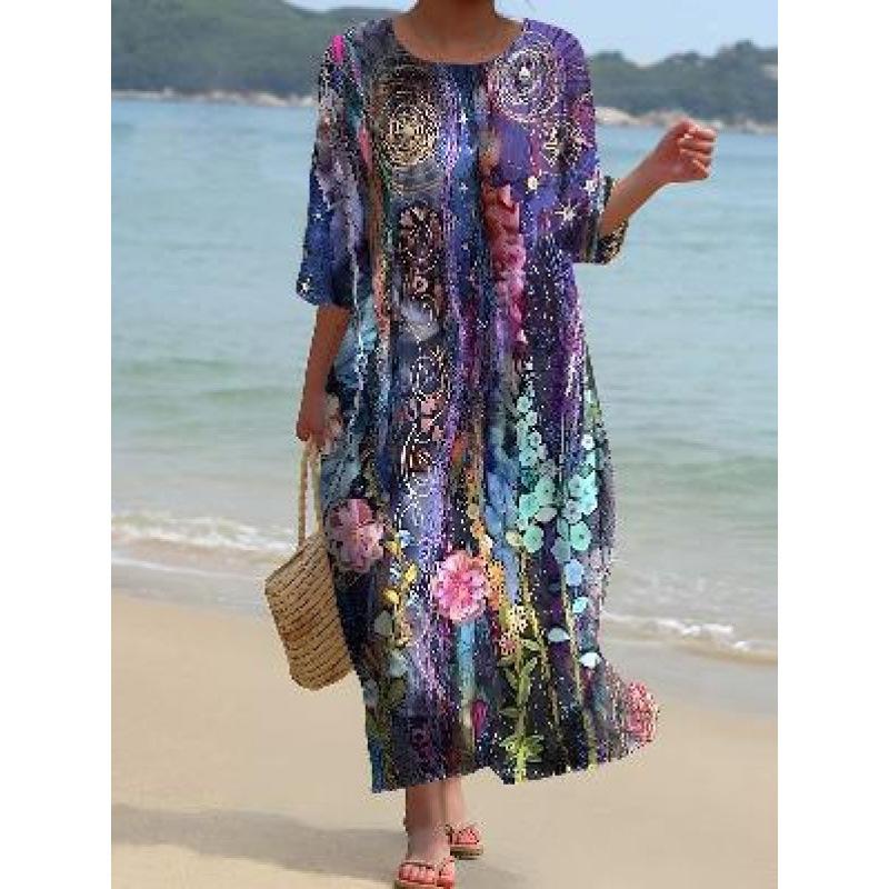 Women's Round Neck 3/4 Sleeve Midi Dress Casual Loose Solid Color Beach Vacation Long Dress