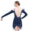 Womens Long Sleeve Bodysuit Dress Rhinestones Sheer Mesh Hem Buttoned Crotch Latin Dance Wear