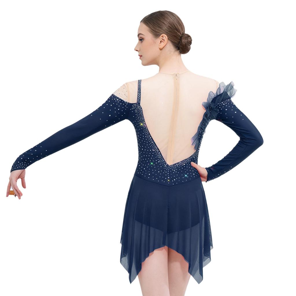 Womens Long Sleeve Bodysuit Dress Rhinestones Sheer Mesh Hem Buttoned Crotch Latin Dance Wear