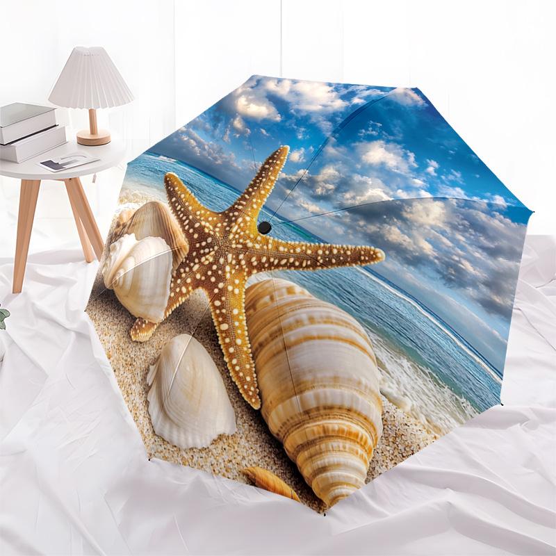 1 PC Automatic Folding Umbrella - Starfish Shells Pattern, Portable & Foldable Design with 8 Ribs, Christmas Birthday Gifts