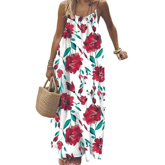 Women Long Slip Dress Breathable Summer Floral Print Casual Sleeveless Dress Spaghetti Strap Loose Swing Hem Ankle Length Beach Dress