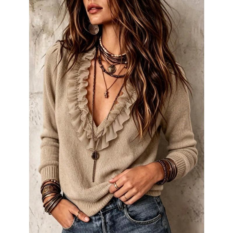 Women S V Neck Long Sleeve Knit Sweater Loose Fit Autumn Winter