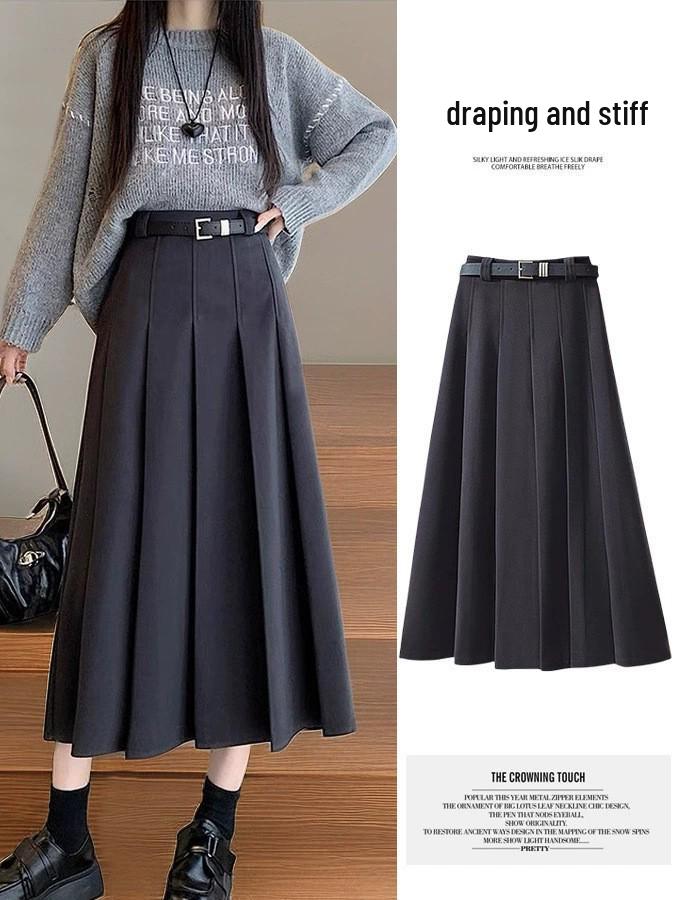 Women s Thickened Wool Pleated Midi Skirt - 2025 Autumn/Winter High Waist Slimming A-line Skirt L серый