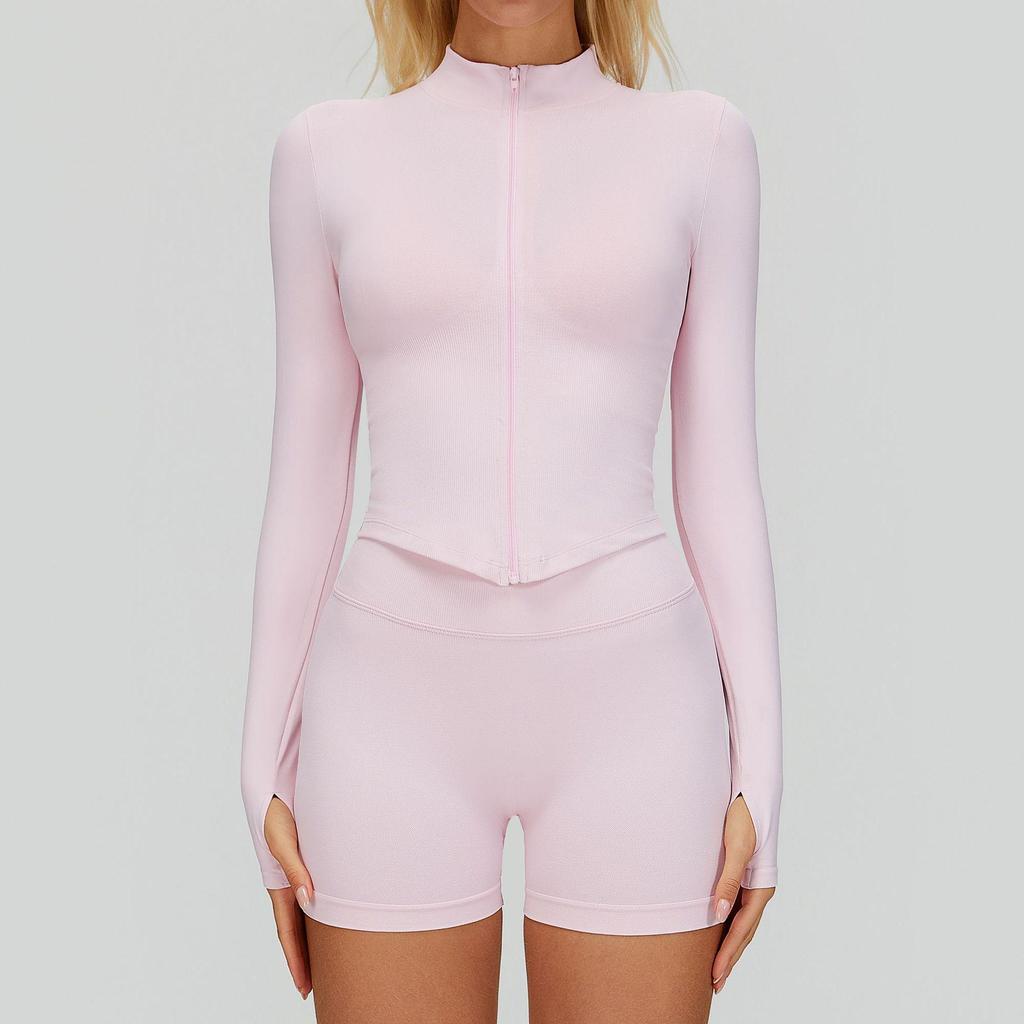 "Damska szybkoschnąca kurtka do jogi z długim rękawem zapinana na zamek, ze stójką 7725 - Krój europejski i amerykański, Top sportowy do fitnessu na zewnątrz"