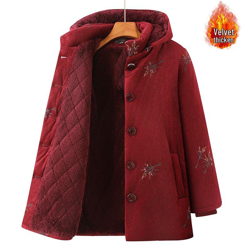 Grandma's Embroidered Velvet Hooded Jacket - Thick, Warm Cotton Padded for Middle-Aged and Elderly Women