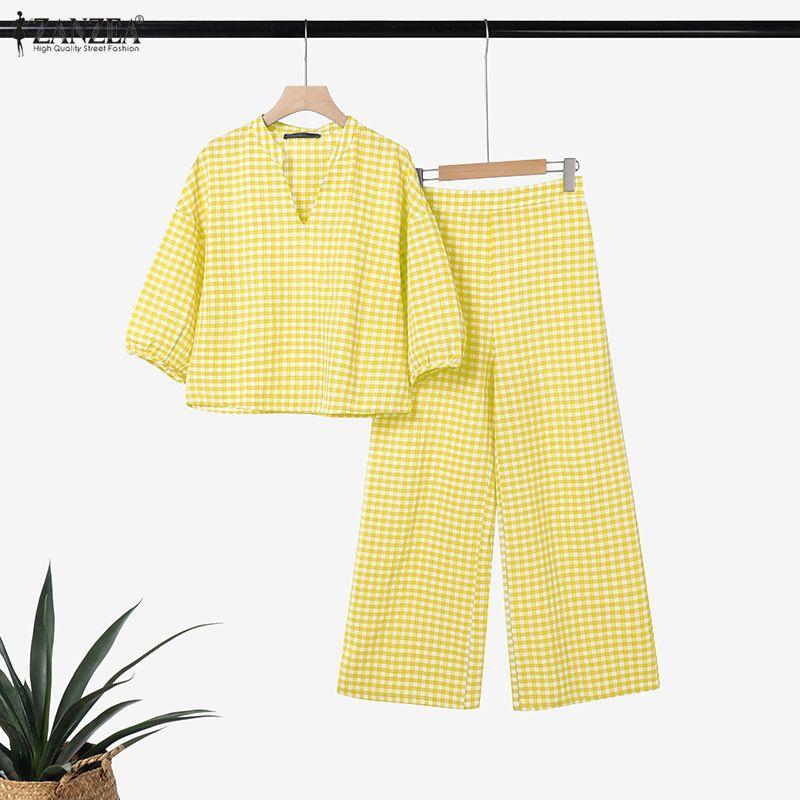 ZANZEA Women 3/4 Sleeve Blouse and Pants Plaid Print Two Piece Suit Sets