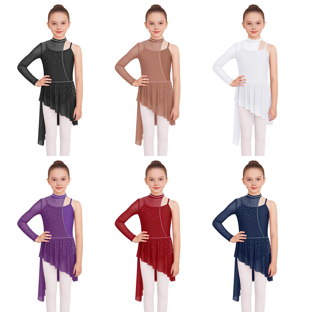 Children’s Dance Dress One Shoulder Long Sleeve Mesh Patchwork Spaghetti Straps Irregular Hem Asymmetrical Style for Lyrical Routine