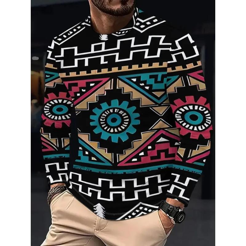Autumn and Winter Men's 3D Printed Crew Neck Long Sleeve T-Shirt