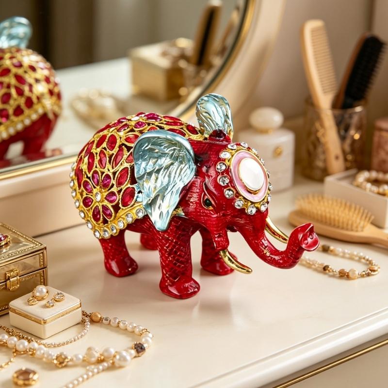 Decorative Elephant Jewelry Box with Enamel Finish and Crystal Detail for Ring, Earring and Dresser Storage Display