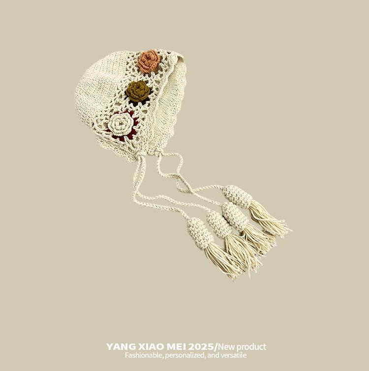 Women's Hand-Knitted Wool Hat with 3D Flowers and Tassels - Ethnic Style Ear Protection for Autumn/Winter Warmth.