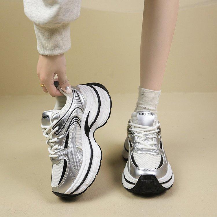 Women Mesh Solid Color Patchwork Thick Sole Lace-up  PU Leather Solid Color Lace-up Thick Sole Casual Fashion Sports