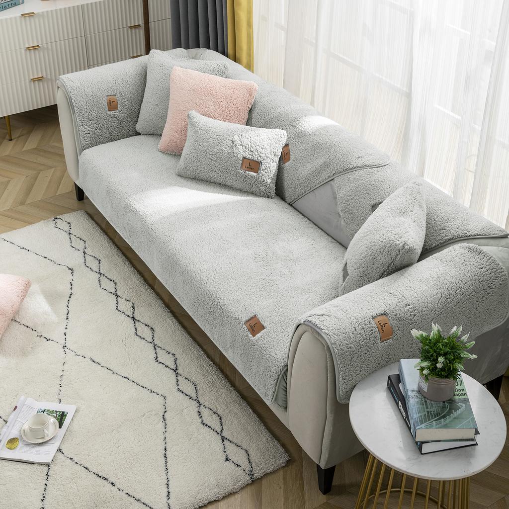 Winter Lamb Wool Couch Cover Thicken Sofa Towel Anti-slip Solid Color Sofa Covers For Living Room Thicken Plush Soft And Smooth