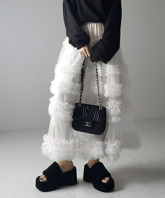 Japanese Style Spring/Summer Women's A-Line Midi Skirt with Anti-Exposure Hand-Stitched Three-Layer Net Yarn