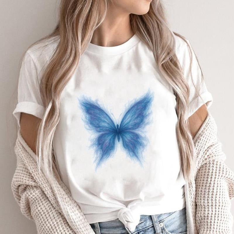 (Asian Size) Print Short Sleeve T-shirts butterfly style Fashion Female Casual Women's Top T Clothing O-neck Graphic Tee