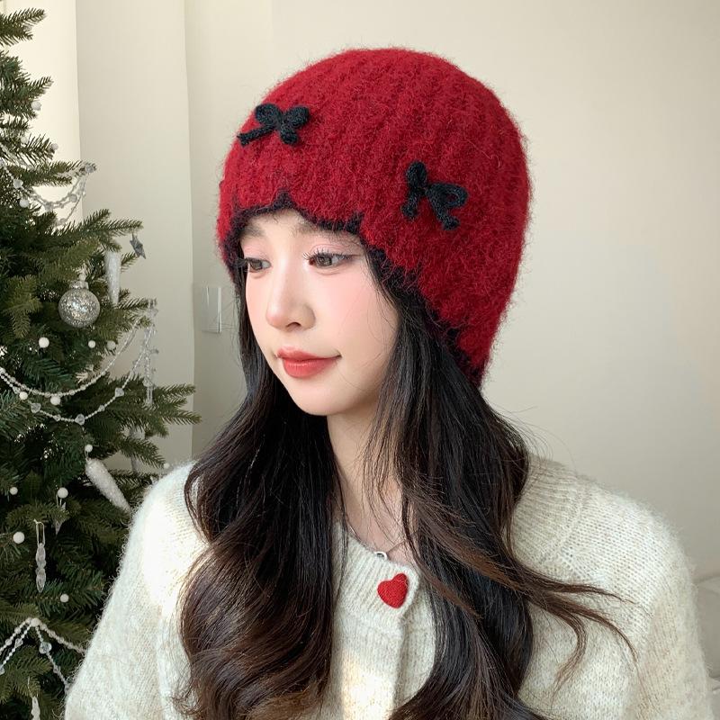 Women's Autumn and Winter Sweet and Versatile Bow Knitted Wool Hat Korean Style Big Head Surround Head Hat Warm Cold Hat New