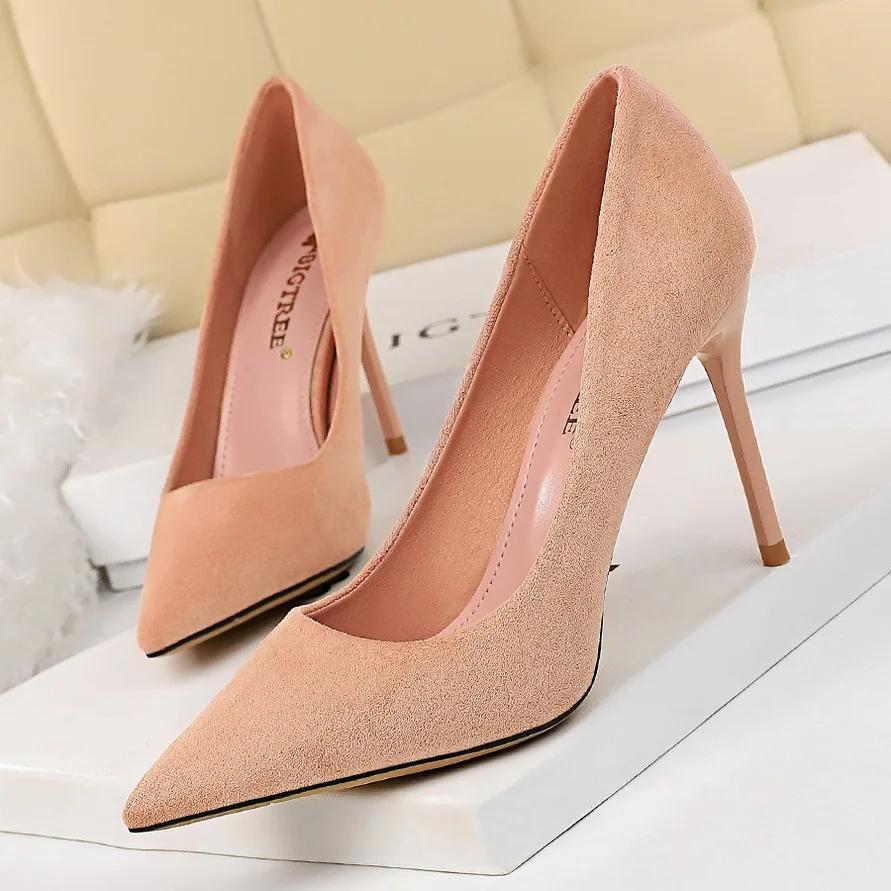 Women 9cm High Heels Pumps Stripper Flock Suede Plus Size Escarpins Lady Wedding Bridal Heels Escarpins Green Blue Yellow Shoes