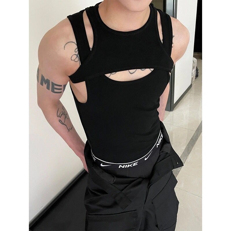 

Американский стиль Новые топы Сексуальные полые Поддельные Двойки Мужская одежда Летние Ажурные Модные Приталенные Бодибилдинг Майки M