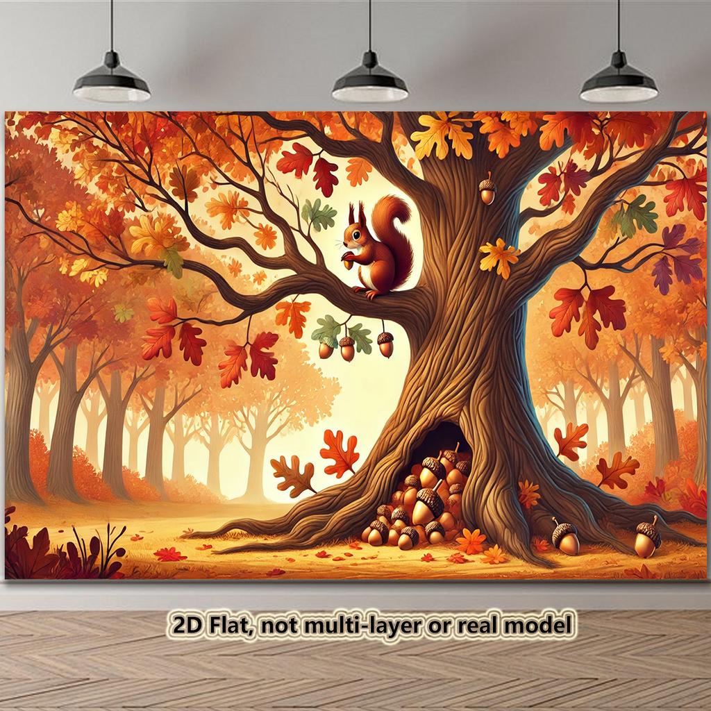 2D Plane, 1 Autumn Party Banner Background, Autumn Squirrels and Oak Trees, Pumpkins, Hay Bales, Maple Leaveszyc