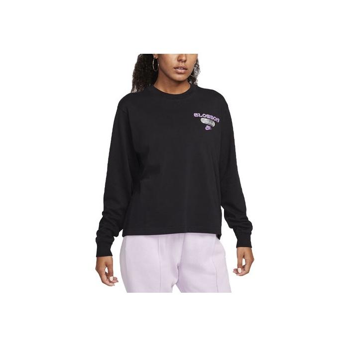 Nike Letter Floral Pattern Printed Round Neck Long Sleeve T-Shirt Women Tops Black FJ9761-010