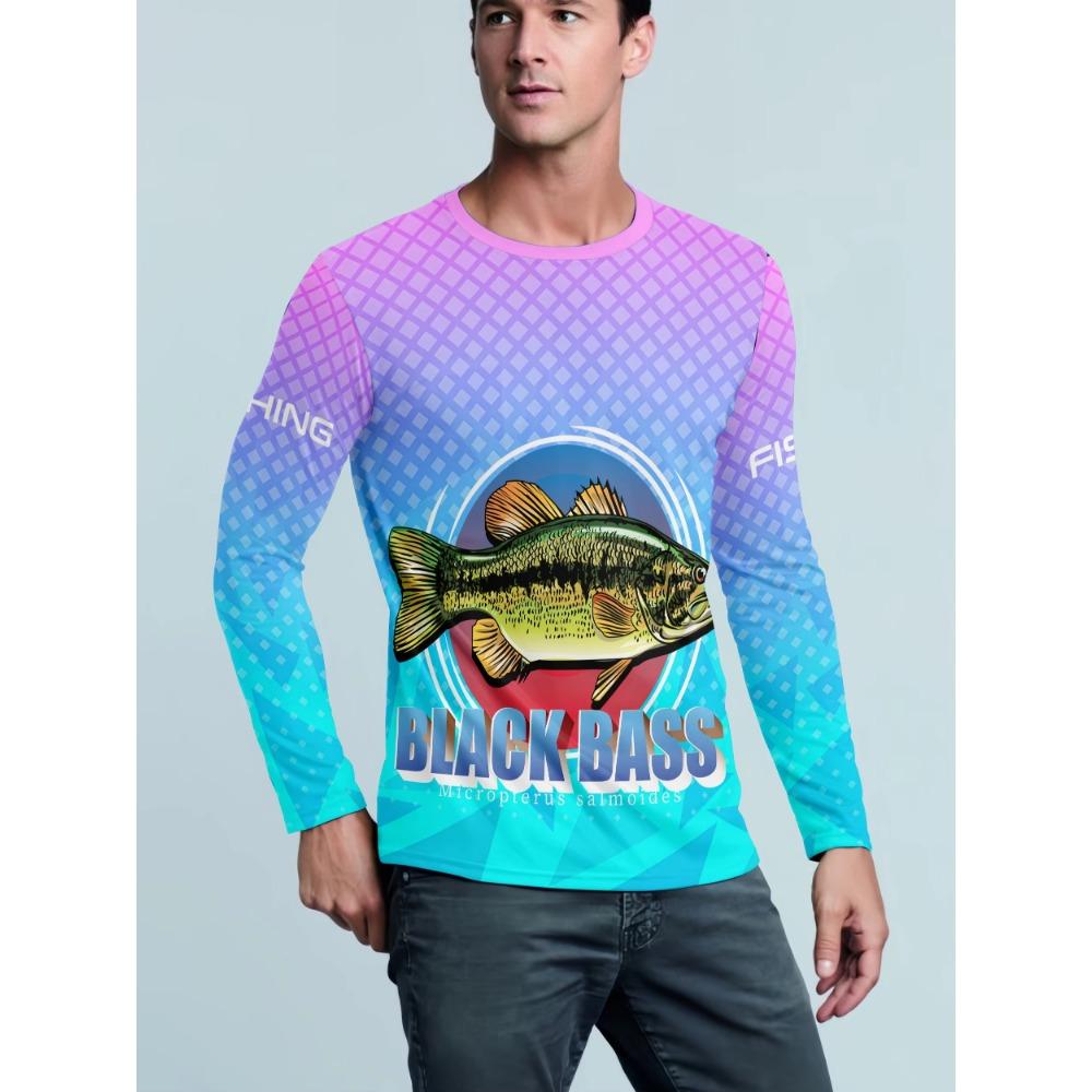 Men's Outdoor Fishing Long Sleeve T-shirts Fish Print Round Neck tshirt Summer Casual Loose Top Oversized Fishing Clothes
