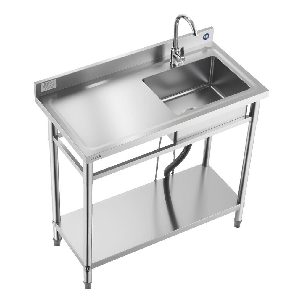 VEVOR Stainless Steel Utility Sink, Free Standing Single Bowl Commercial Kitchen Sink with Faucet, 1000 x 500 x 940 mm