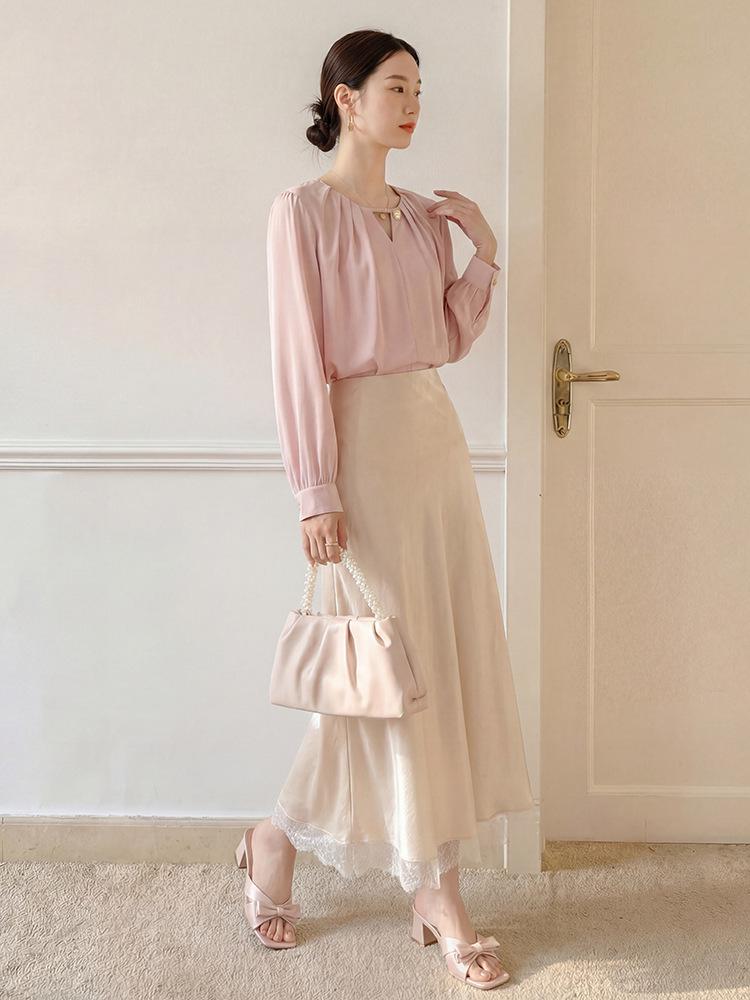 Fei Yuan Women's Satin A-line Drape Skirt, Lace-lined, Solid Color, Early Spring 2026 Fashion Arrival