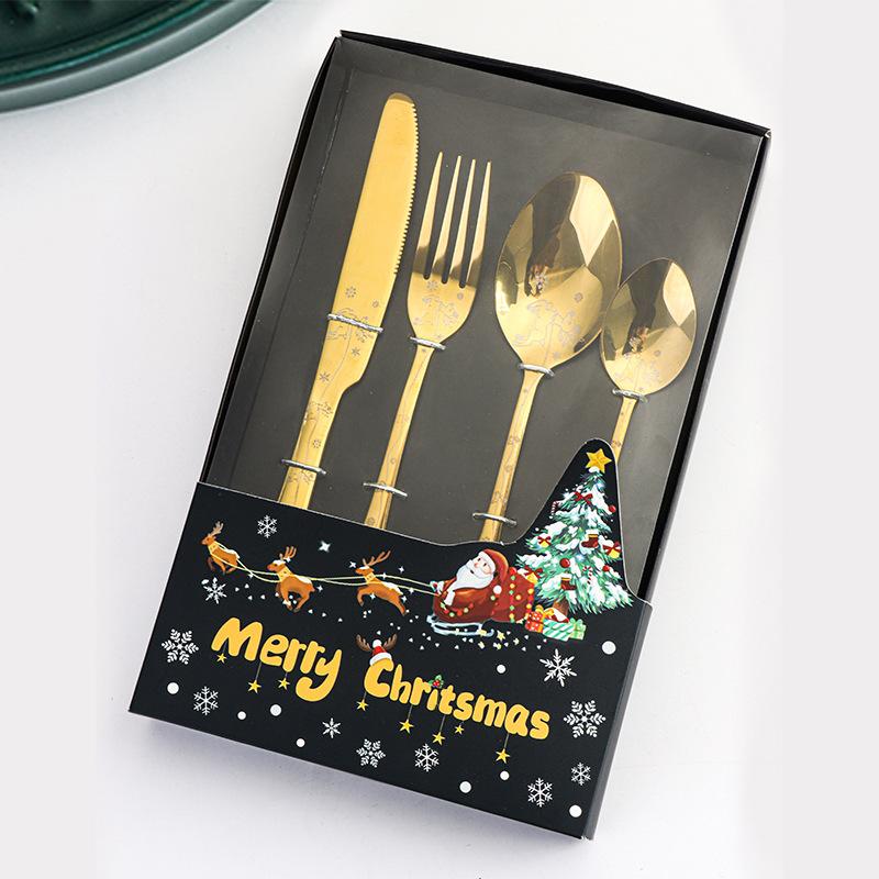 4pcs Stainless Steel Knife and Fork Spoon Set Christmas Elements Laser Handle for Home Picnic DIY Restaurant Gift