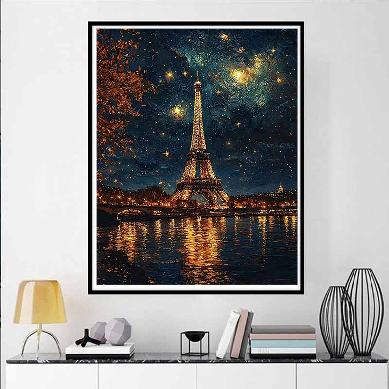 Eiffel Tower Full Diamond Painting Set, 5D Starry Sky Diamond Cross Stitch Craft, DIY Rhinestone Crafts Decoration Home Wall Mural Gift