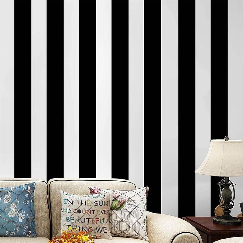 PoetryHome Self Adhesive Vinyl White Black Stripe Peel and Stick Wallpaper Shelf Liner Paper for Walls Furniture Cabinets Bedroom Kitchen Bathroom