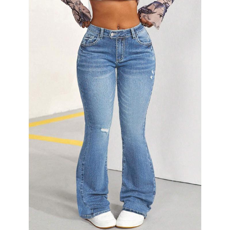 Women s Blue Vintage Stretch High-Waisted Slim Fit Ripped Flared Jeans XS