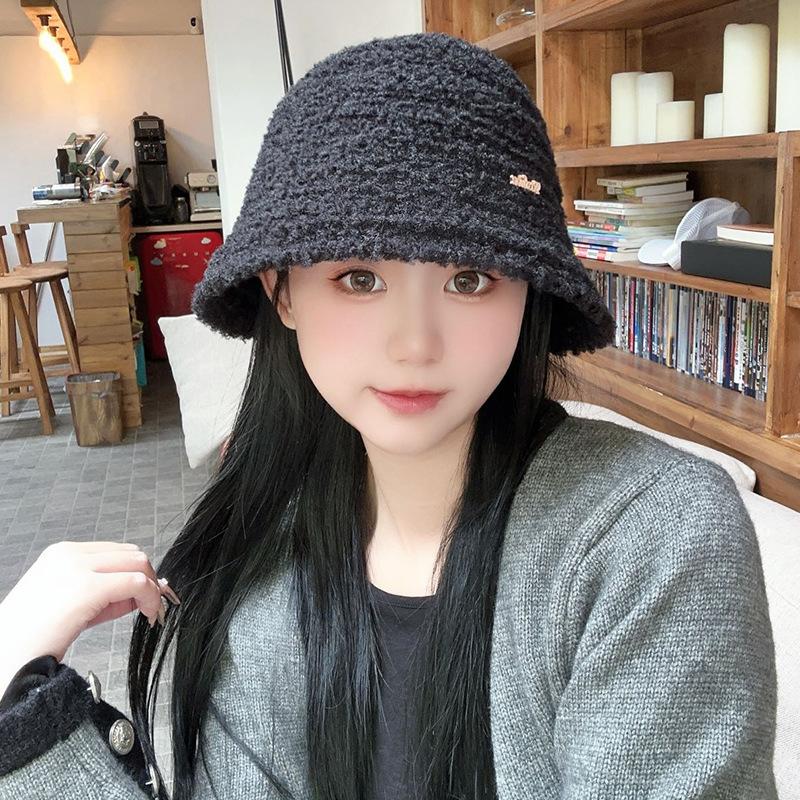 Korean Style Lamb Wool Knitted Fisherman Hat for Women Autumn and Winter Retro Bucket Hat Versatile Face Friendly Small Warm Plush Basin Hat