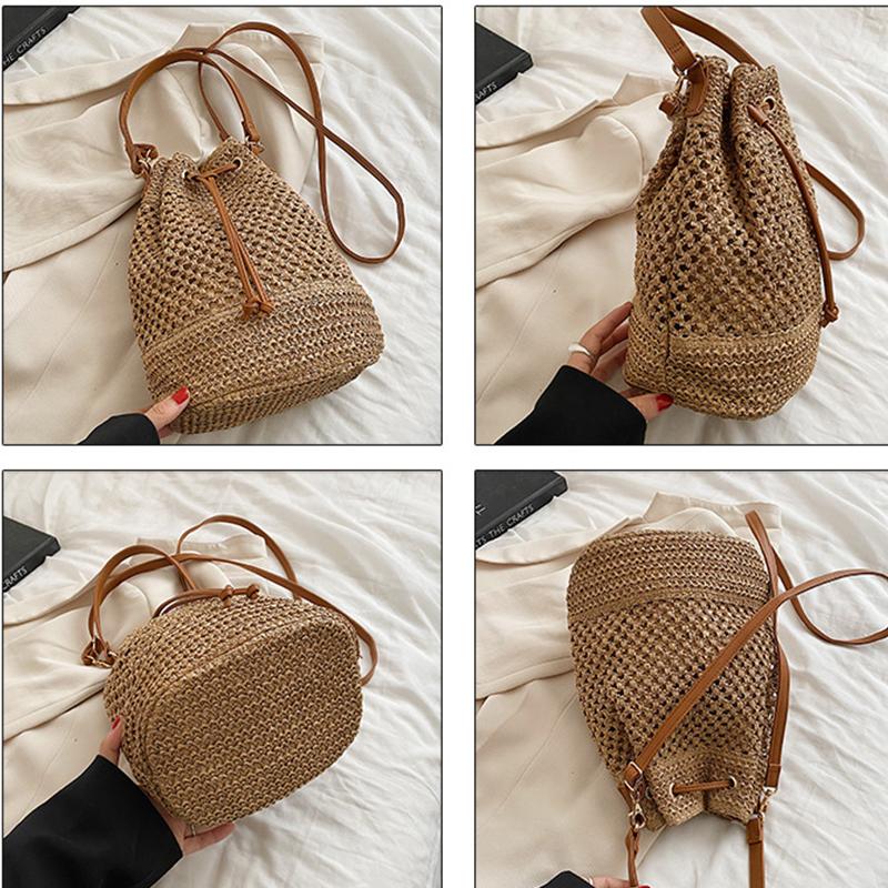 Yaz Örgülü Hasır Kova Çanta Kadınlar Için Basit İpli Plaj Omuz Crossbody Çanta